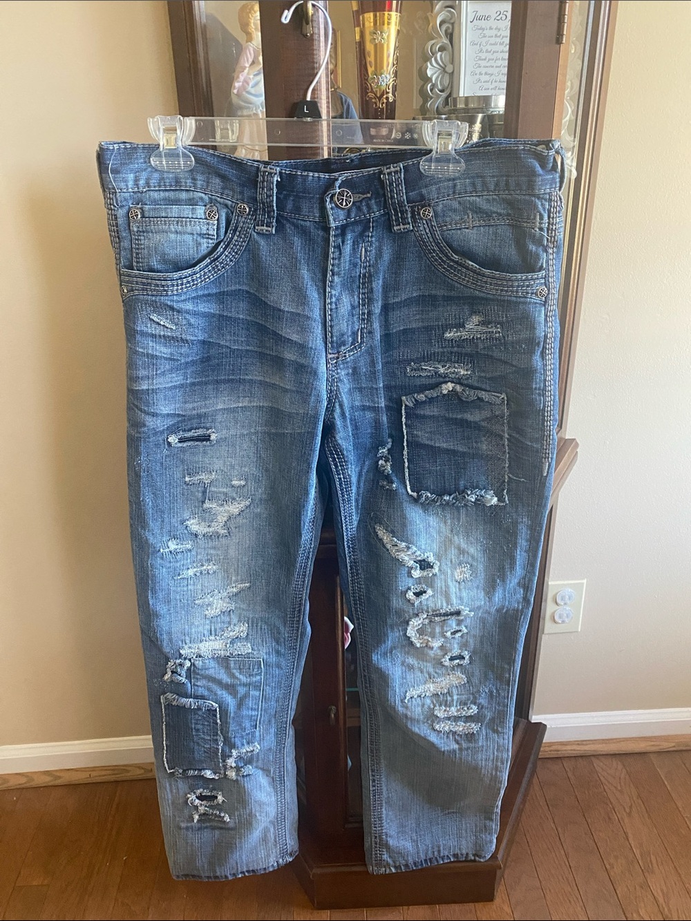 #19. Affliction Distressed Blue Patchwork Straight Jeans. #19